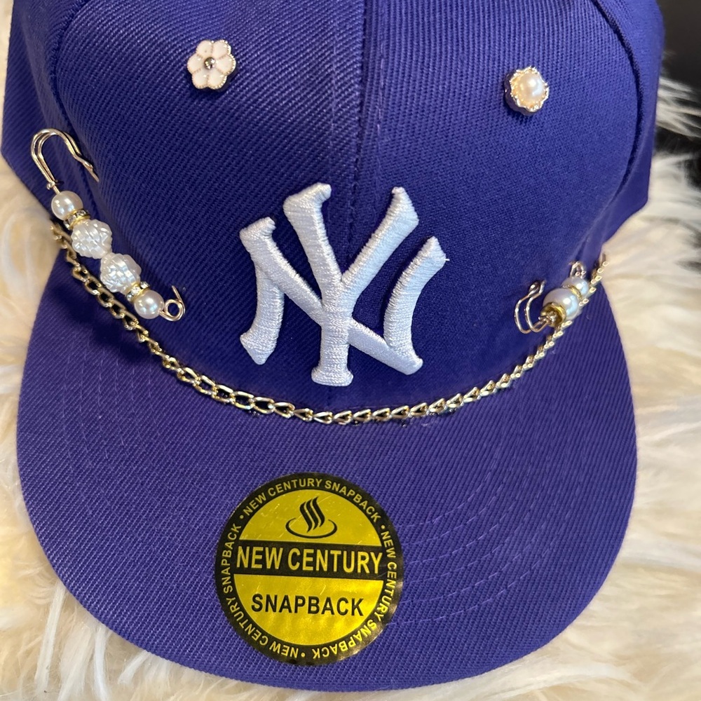 NY Yankees Purple Snapback Hat with White Logo and Gold Accents